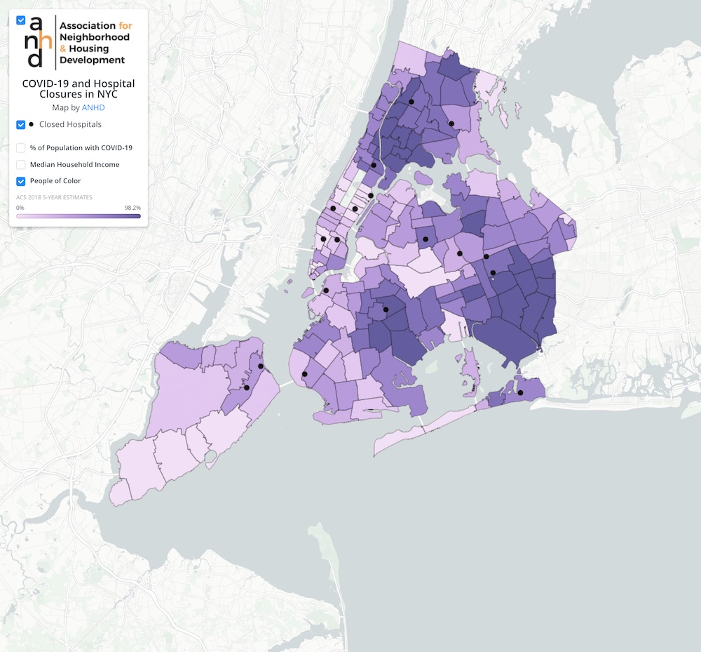 Map of hospital closures and neighborhoods with predominately people of color