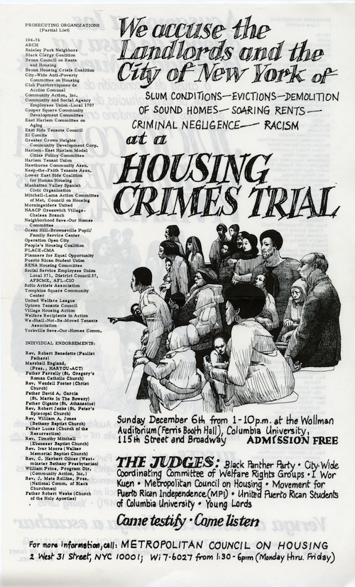 Poster in English for the Housing Crimes Trial, listing dozens of supporting organizations
