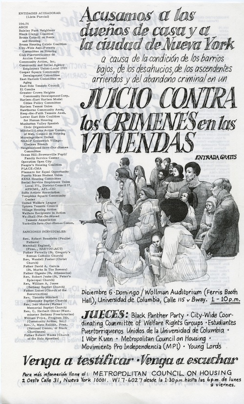 Poster in Spanish for the Housing Crimes Trial, listing dozens of supporting organizations
